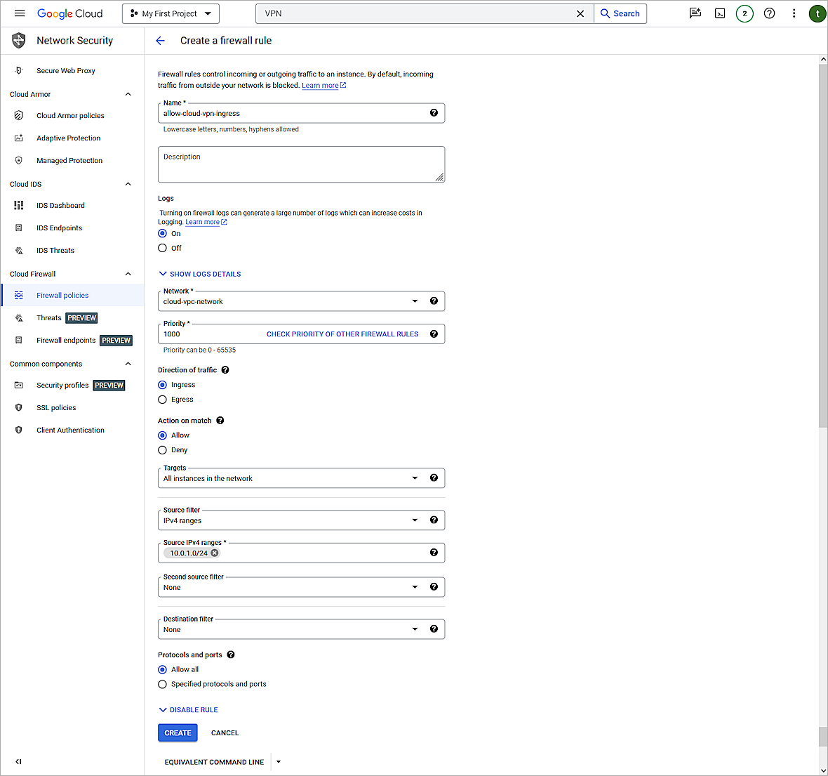 Screen shot of the firewall rule settings in Google Cloud